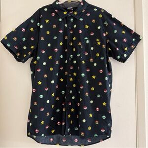 2018 Nintendo Super Mario Bros Black Button Up Shirt L Mushrooms Stars Shells